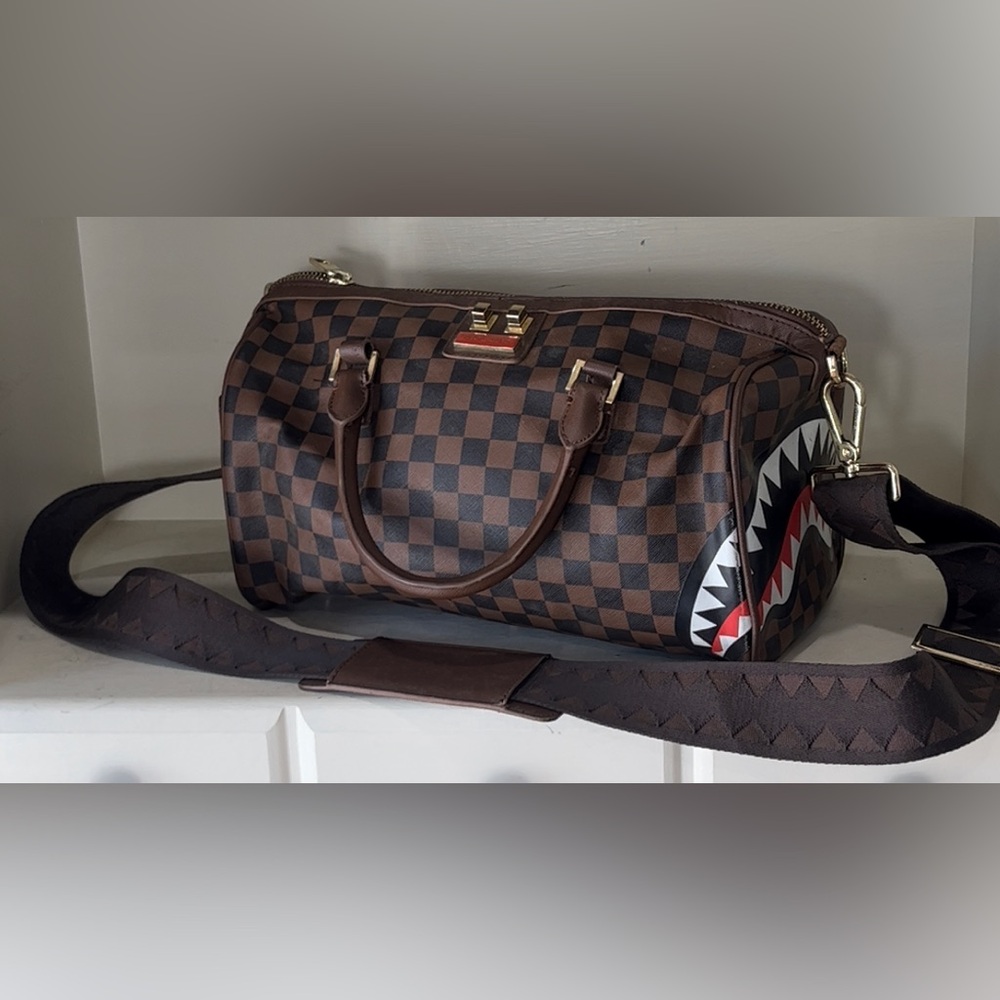 Sprayground Limited Edition Brown Checkered Duffel Bag with Shark Graphic